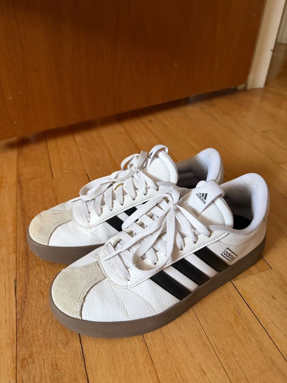 adidas White & Black Low-Top Sneakers with Gum Sole